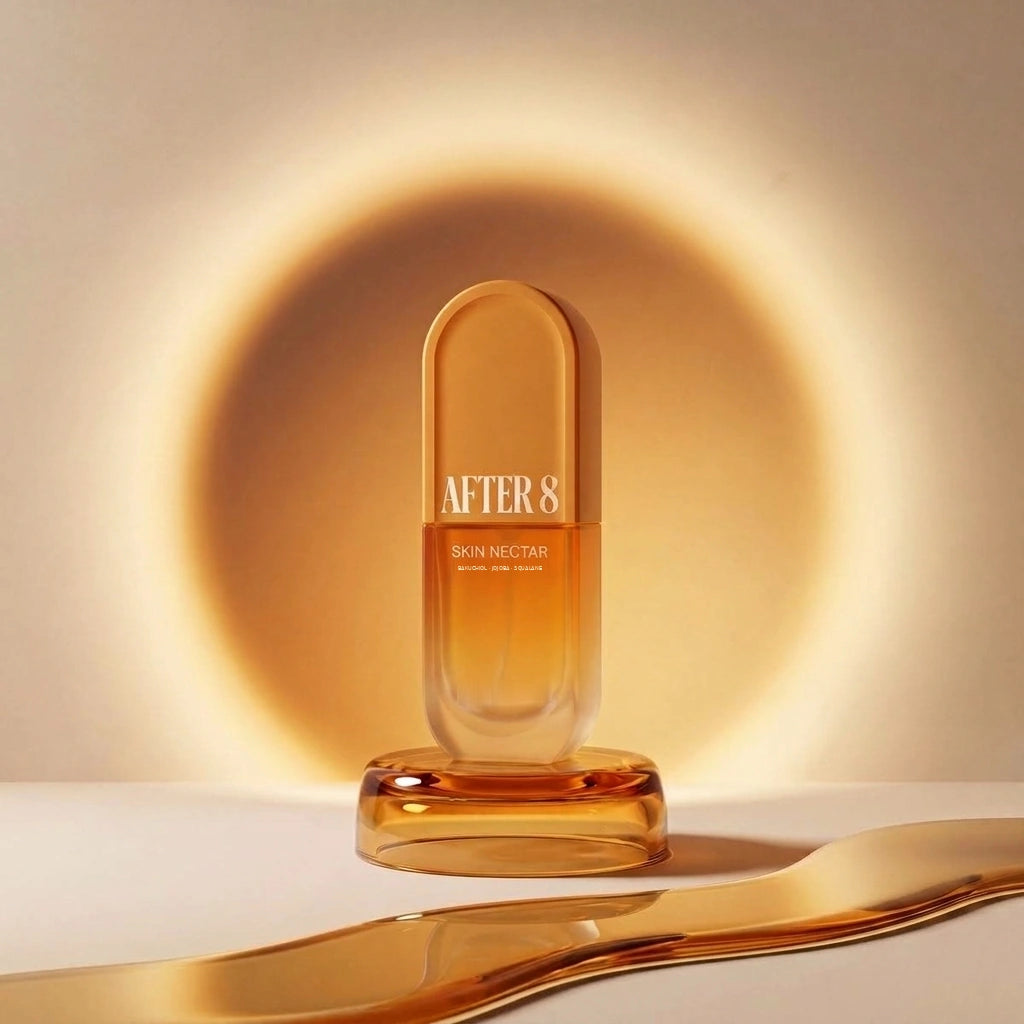 After 8 Skin Nectar body oil bottle with a warm amber-toned oil pour