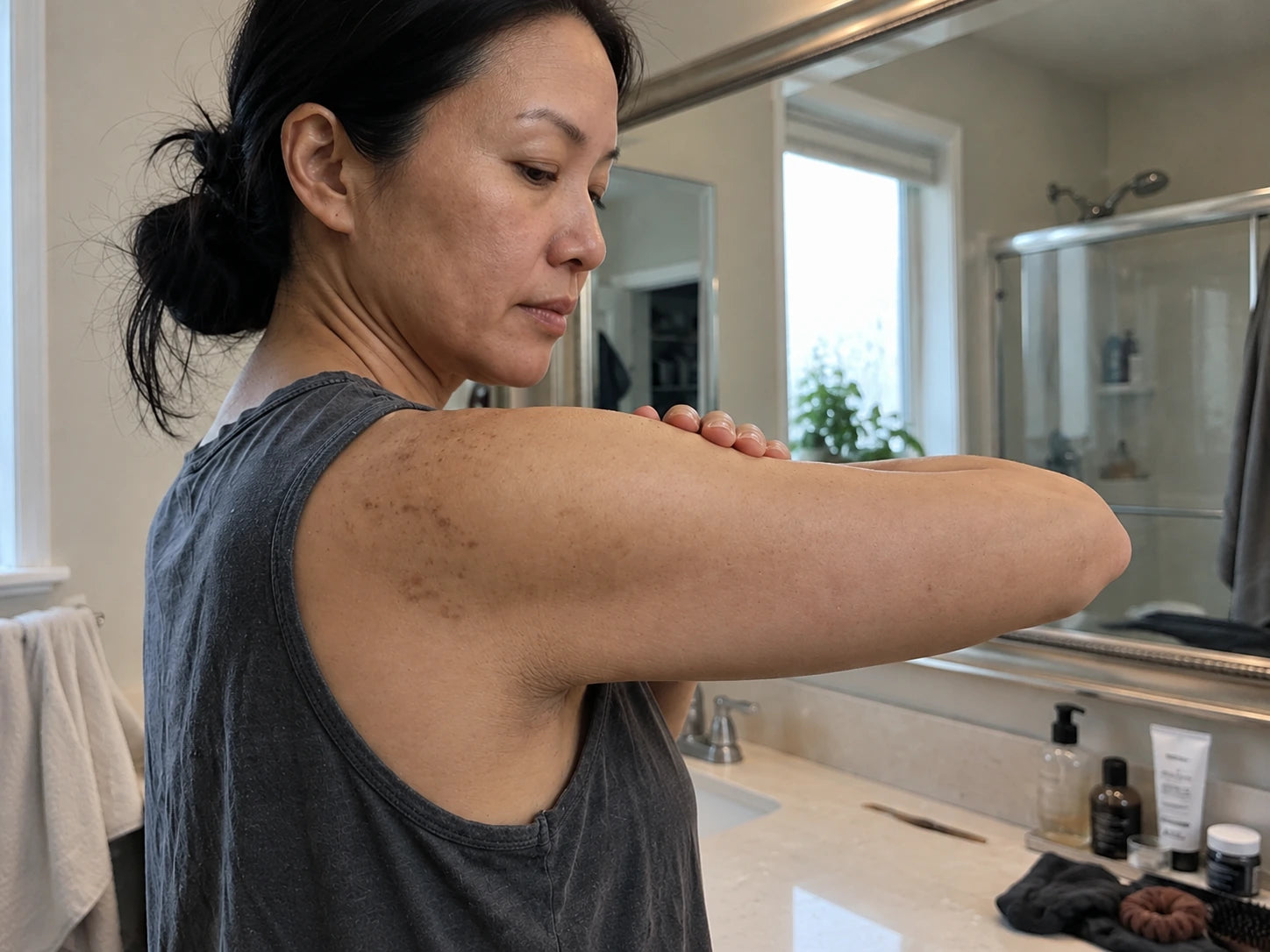 Body-skin illustration of a woman examining her shoulder in a bathroom mirror