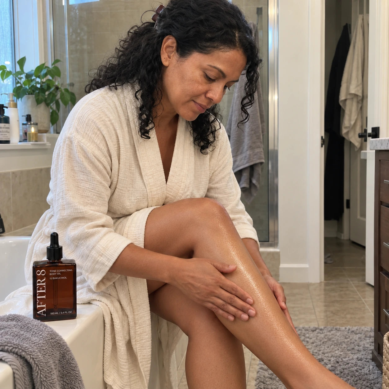 Application illustration of a woman massaging her shin with the new After 8 bottle nearby