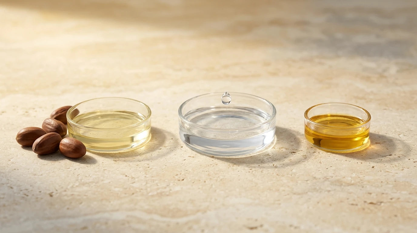 Jojoba seeds and three dishes of golden and clear oils, illustrating the key Skin Nectar ingredients